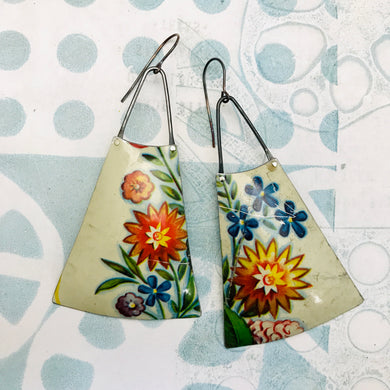 Vintage Flower Spray Upcycled Tin Long Fans Earrings