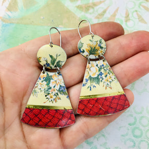 Pink Basket Weave and Flowers Small Fans Zero Waste Tin Earrings