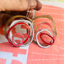 Load image into Gallery viewer, Gold, Snow, Scarlet &amp; Bubblegum Scribbles Again Upcycled Tin Earrings