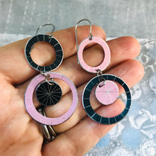 Load image into Gallery viewer, Black &amp; Pale Pink Silver Starburst Multi Circles Upcycled Tin Earrings