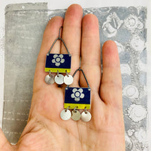 Load image into Gallery viewer, Silver Blossoms on Sapphire Rectdangles Upcycled Tin Earrings