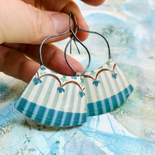 Load image into Gallery viewer, Gray Blue Stripes on Cream Recycled Tin Fan Earrings