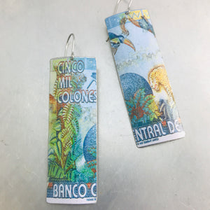 Costa Rica Cinco Mil Colones Rectangle Upcycled Tin Earrings