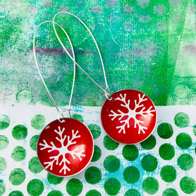 Snowflake on Red Large Basin Tin Earrings