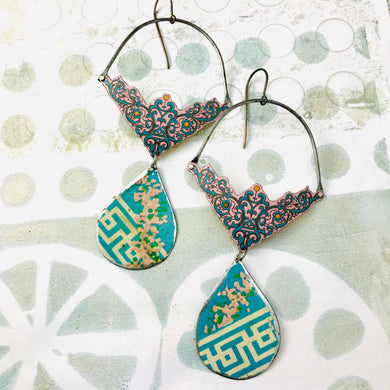 Blue Filigree and Teardrop Recycled Tin Earrings