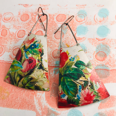 Vintage Flowers on White Zero Waste Tin Long Fans Earrings