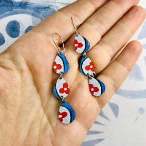 Red Flower on White & Blue Tri-Teardrop Upcycled Tin Earrings
