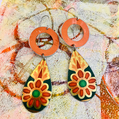 Orange & Gold Flowers Upcycled Teardrop Tin Earrings