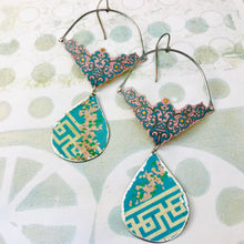 Load image into Gallery viewer, Blue Filigree and Teardrop Recycled Tin Earrings