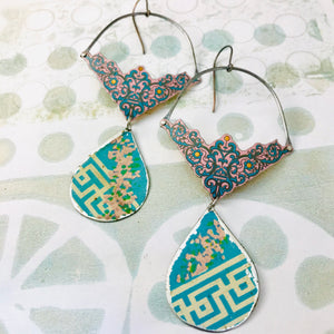 Blue Filigree and Teardrop Recycled Tin Earrings