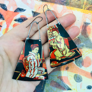Tea Ceremony Upcycled Tin Long Fans Earrings