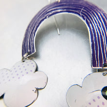 Load image into Gallery viewer, Purple Etched Rainbows with Dotty Clouds Upcycled Tin Earrings