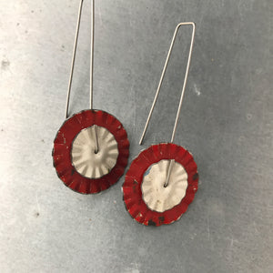Red and White Ruffled Discs Tin Earrings by adaptive reuse jewelry