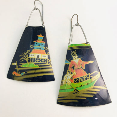 Pagoda Scene on Midnight Blue Upcycled Vintage Tin Long Fans Earrings