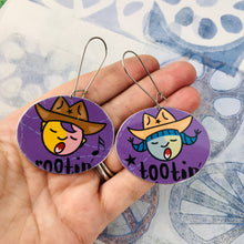Load image into Gallery viewer, Rootin’ Tootin’ on Purple Large Ovals Tin Earrings