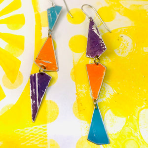 Turquoise, Orange & Purple Small Narrow Kites Recycled Tin Earrings