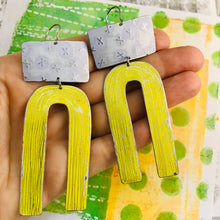 Load image into Gallery viewer, White X&#39;d &amp; Yellow Etched Arch Zero Waste Tin Earrings