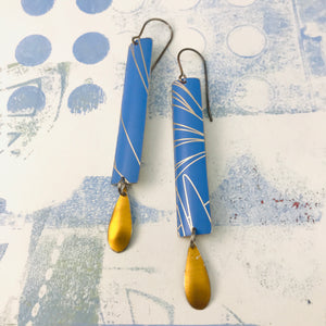 Cornflower Blue Rectangles & Golden Droplets Tin Earrings