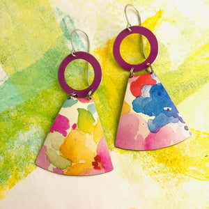 Watercolors and Red Violet Small Fans Zero Waste Tin Earrings