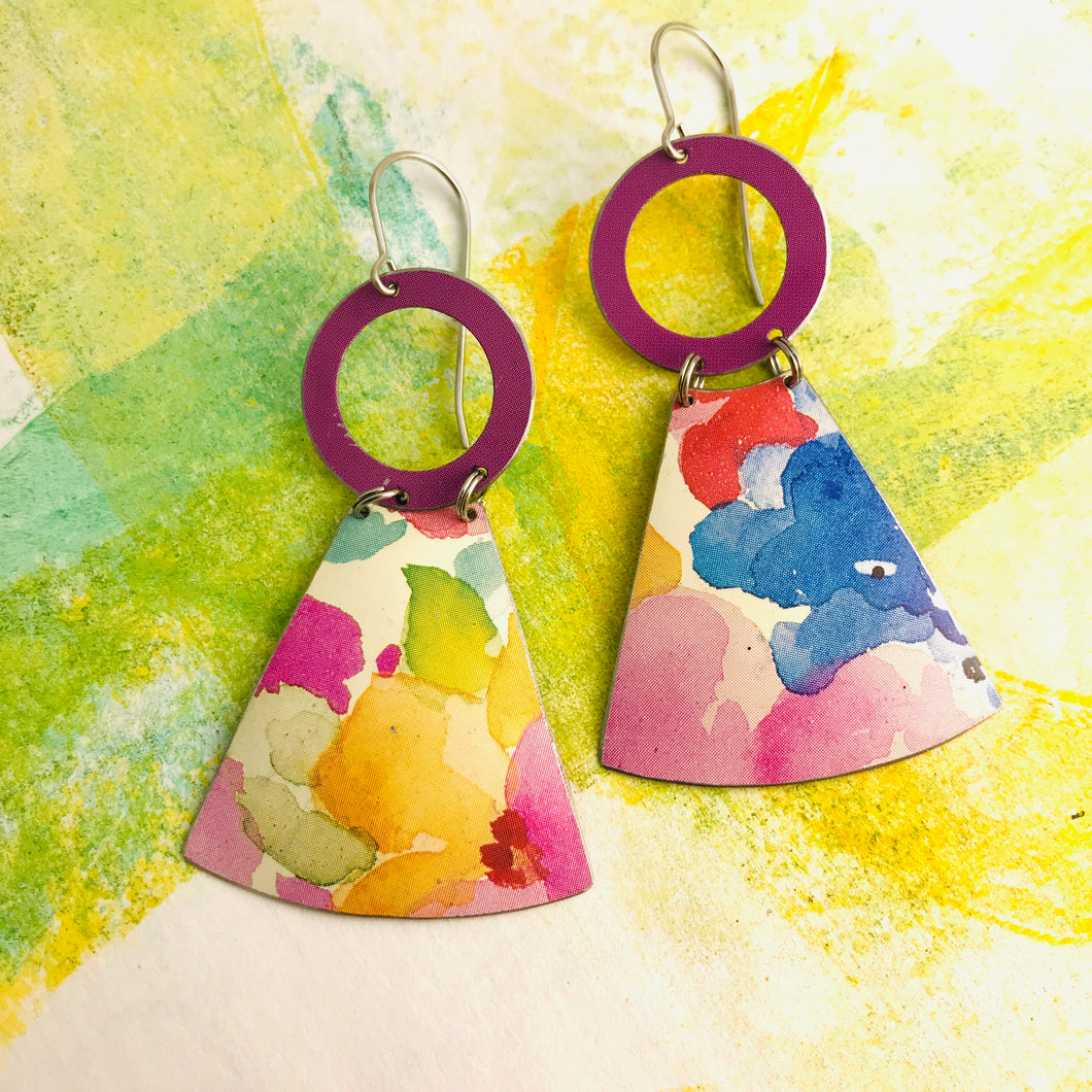Watercolors and Red Violet Small Fans Zero Waste Tin Earrings