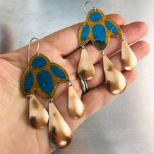 Load image into Gallery viewer, Shimmery Blue &amp; Copper Zero Waste Tin Chandelier Earrings