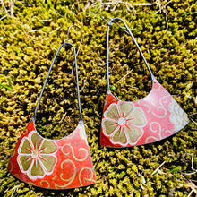 Load image into Gallery viewer, Golden Blossoms on Antique Red Upcycled Tin Earrings