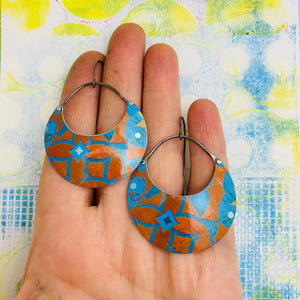 Patterned Blue & Rusty Orange Crescent Circles Tin Earrings