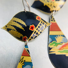 Load image into Gallery viewer, Mixed Chinoiserie Patterns on Midnight Blue Zero Waste Tin Earrings