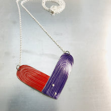 Load image into Gallery viewer, RESERVED Scarlet and Royal Purple Etched Tin Heart Recycled Necklace