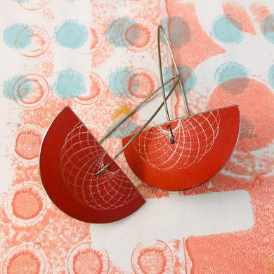 Bright Red Semi-circle Spirograph Upcycled Tin Earrings