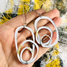 Load image into Gallery viewer, All Whites and Touch of Gold Scribbles Upcycled Tin Earrings