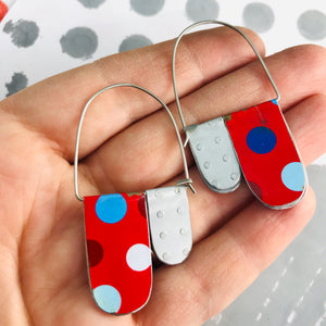Scarlet & Silver Polka Dots Arch Dangle Tin Earrings