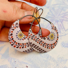 Load image into Gallery viewer, Dusty Lilac Pattern Crescent Circles Tin Earrings