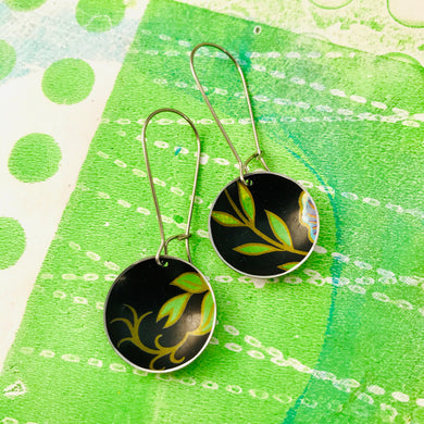Bright Green Leaves on Midnight Medium Basin Upcycled Earrings