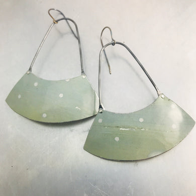 Pale Celadon White Dots Large Fan Recycled Tin Earrings