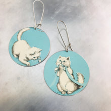 Load image into Gallery viewer, Fluffy White Kittens on Aqua Big Circle Tin Earrings