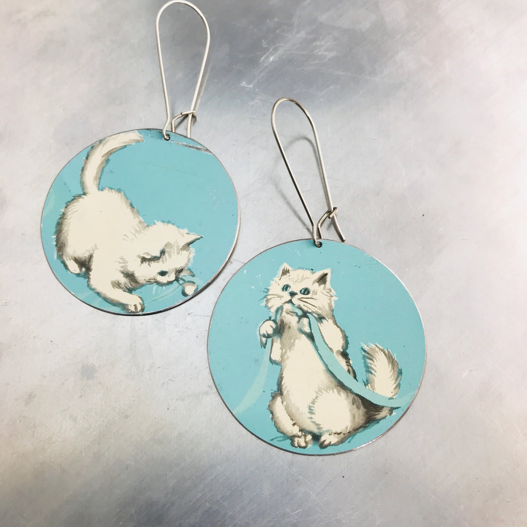 Fluffy White Kittens on Aqua Big Circle Tin Earrings