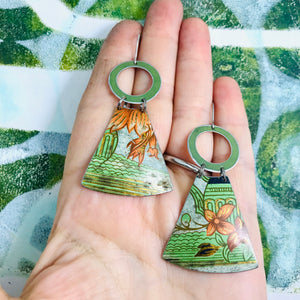Vintage Green & Oranges Small Fans Tin Earrings