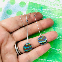 Load image into Gallery viewer, Close up Blue Flower Petals Long Dot Upcycled Tin Earrings