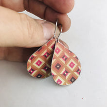 Load image into Gallery viewer, Shades of Red Geometric Pattern Upcycled Teardrop Tin Earrings by adaptive reuse jewelry