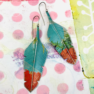 Sky & Red Tipped Feathers Upcycled Tin Earrings