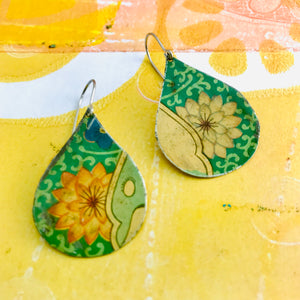 Big Blossoms on Green Upcycled Teardrop Tin Earrings