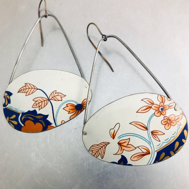 White Oval Pinkish Flowers Recycled Tin Earrings