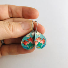 Load image into Gallery viewer, Vintage Aqua Pink Flowers Upcycled Small Teardrop Tin Earrings