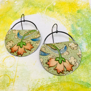 Pale Pink Blossoms on Dusty Seafoam Circles Recycled Tin Earrings