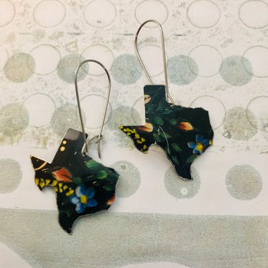Blue Flowers on Black Texas Upcycled Tin Earrings