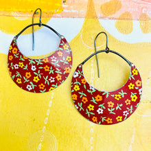 Load image into Gallery viewer, Tiny Flowers on Deep Red Crescent Circles Upcycled Tin Earrings