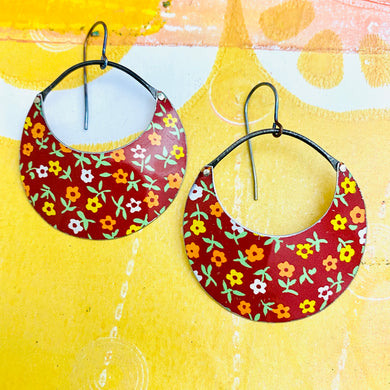 Tiny Flowers on Deep Red Crescent Circles Upcycled Tin Earrings