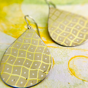 Wavy pale Yellow Checkerboard  Upcycled Teardrop Tin Earrings