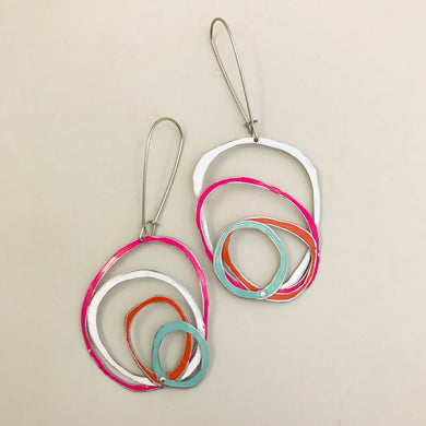 Hot Pink, Orange, Aqua & Snow Upcycled Tin Scribble Earrings